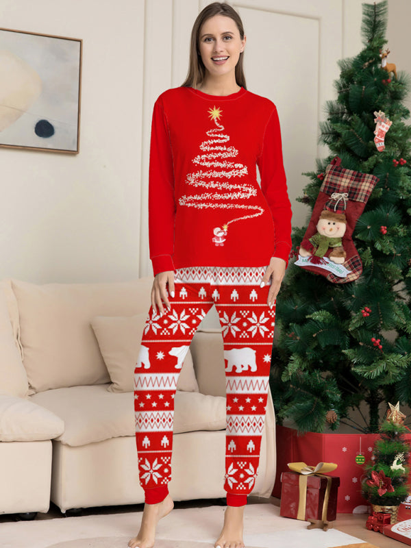 Home clothes printed pajamas Christmas parent-child round neck long sleeve suit