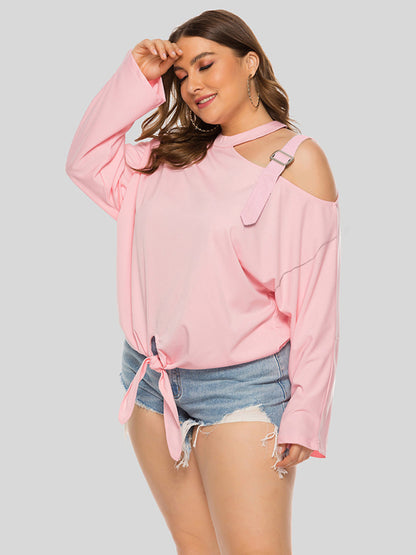 Plus size women's clothing -Shoulder Strap Hollow Bow Long Sleeve Slanted Shoulder T-Shirt