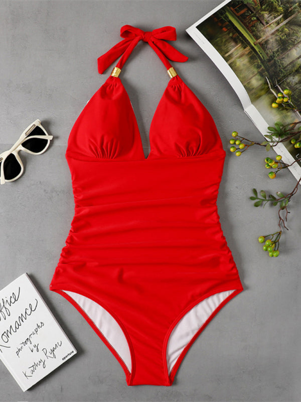 1 Pc Swimsuit Conservative Leopard Print Halter Red Backless Swimsuit