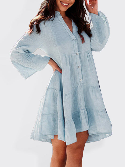 Women's Solid color bell sleeve long sleeve dress - Hiccupzz