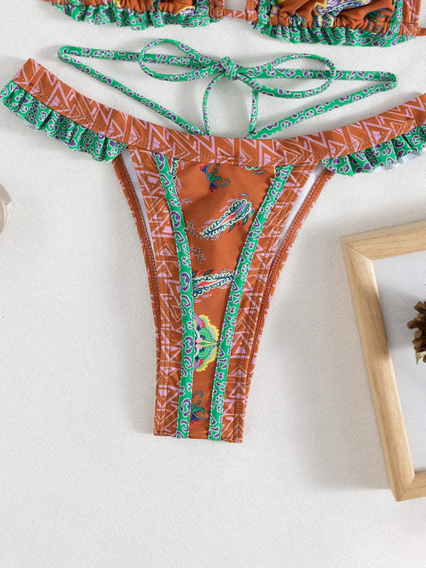 Women's Ethnic Print Halter Neck Tie Bikini Set