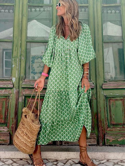 Geometric Collage Puff Sleeve Dress Street Holiday Women's Clothing - Hiccupzz