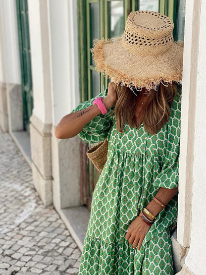 Geometric Collage Puff Sleeve Dress Street Holiday Women's Clothing - Hiccupzz
