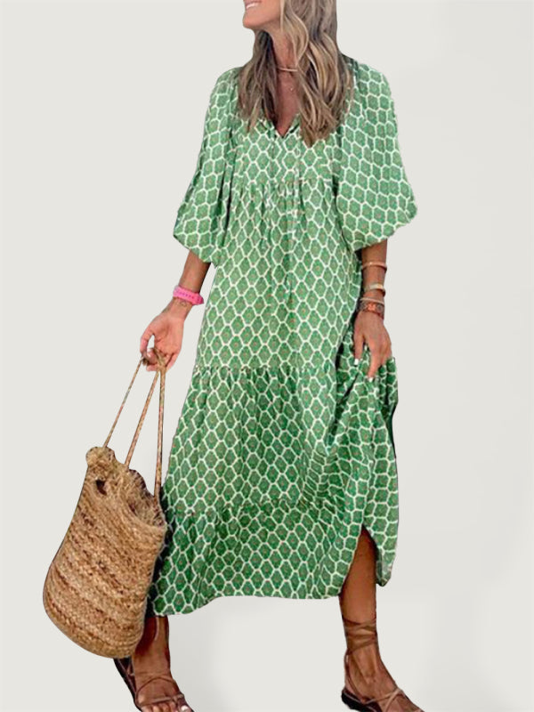 Geometric Collage Puff Sleeve Dress Street Holiday Women's Clothing - Hiccupzz
