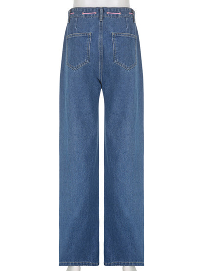 Women's Contrasting Color Heart Graffiti Print Loose Jeans