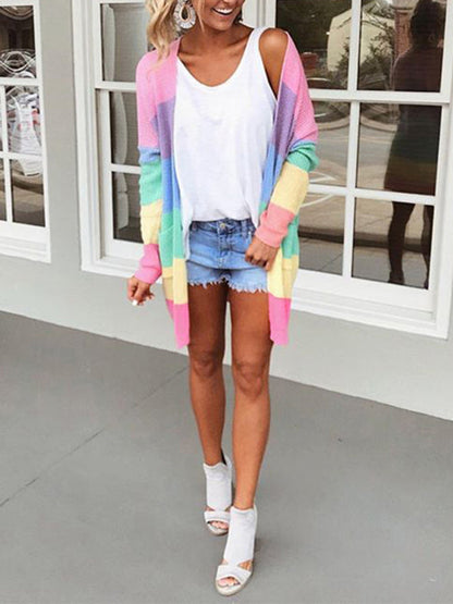 Sweater Loose Color Long Sleeve Contrasting Color Striped Knit Cardigan Jacket - Hiccupzz