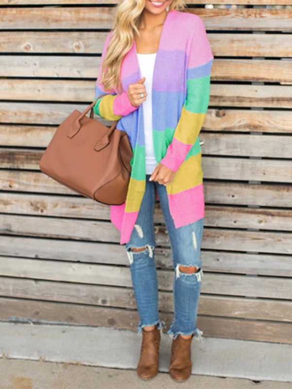 Sweater Loose Color Long Sleeve Contrasting Color Striped Knit Cardigan Jacket