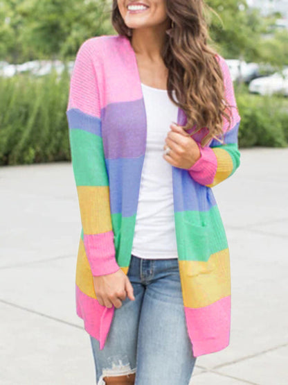 Sweater Loose Color Long Sleeve Contrasting Color Striped Knit Cardigan Jacket - Hiccupzz