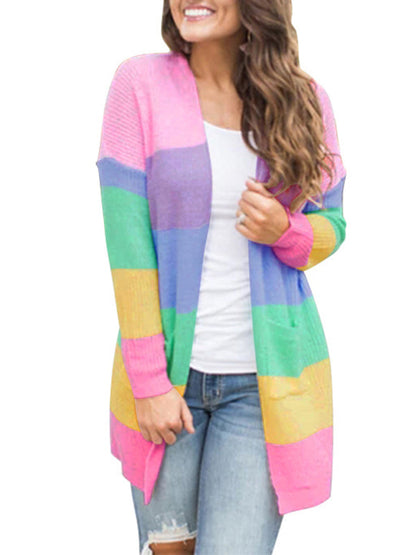 Sweater Loose Color Long Sleeve Contrasting Color Striped Knit Cardigan Jacket - Hiccupzz