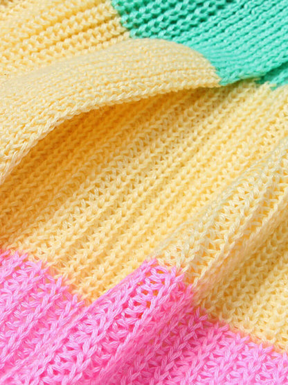 Sweater Loose Color Long Sleeve Contrasting Color Striped Knit Cardigan Jacket - Hiccupzz