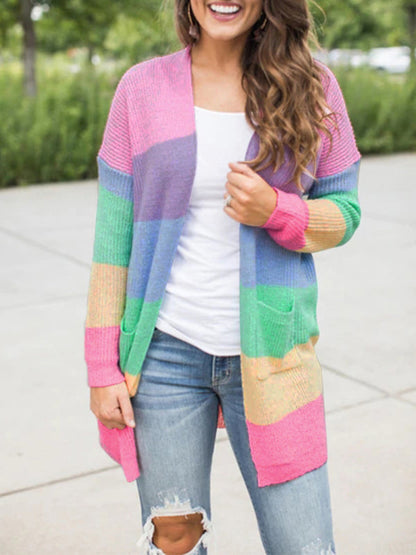 Sweater Loose Color Long Sleeve Contrasting Color Striped Knit Cardigan Jacket - Hiccupzz