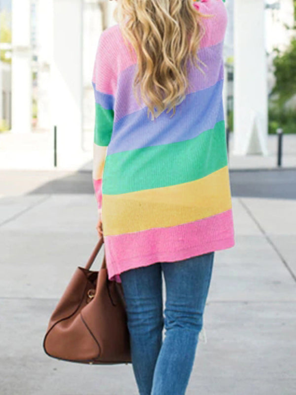 Sweater Loose Color Long Sleeve Contrasting Color Striped Knit Cardigan Jacket