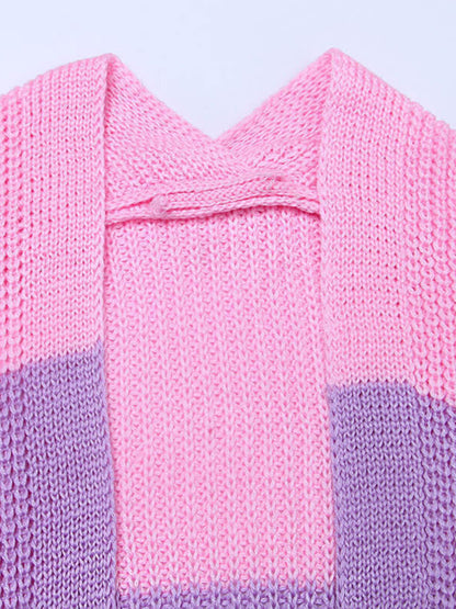 Sweater Loose Color Long Sleeve Contrasting Color Striped Knit Cardigan Jacket - Hiccupzz