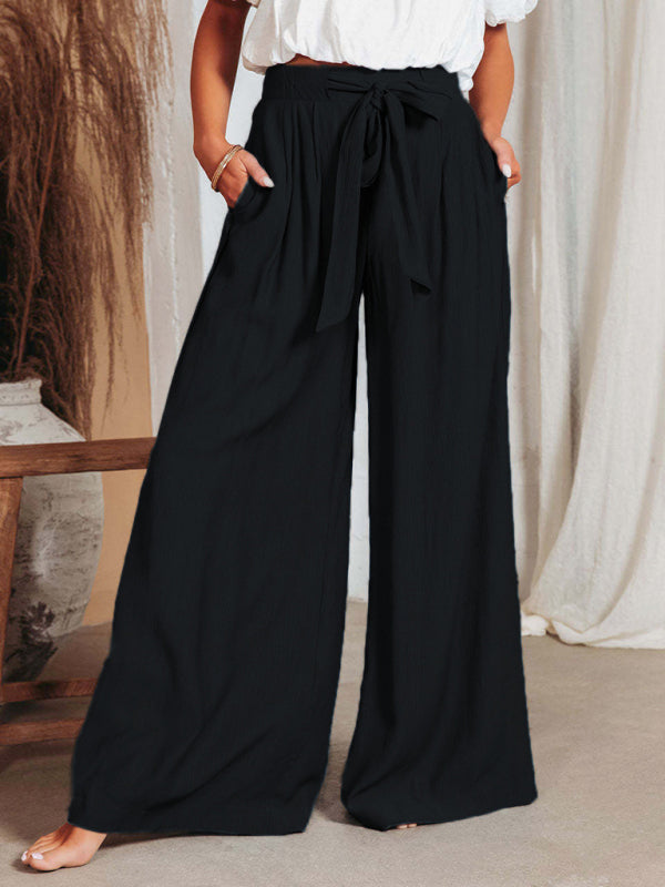 Women's Solid Color Drawstring Knot Wide Leg Trousers - Hiccupzz
