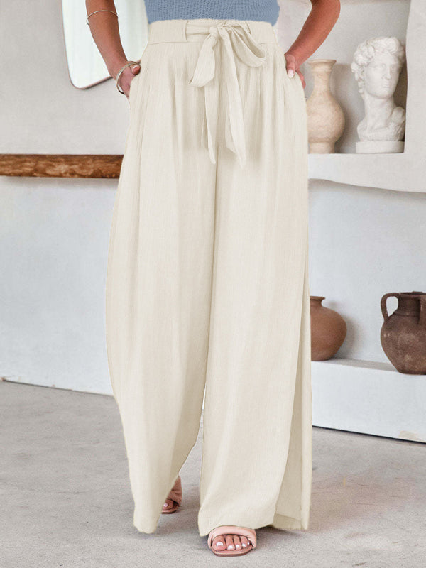 Women's Solid Color Drawstring Knot Wide Leg Trousers - Hiccupzz