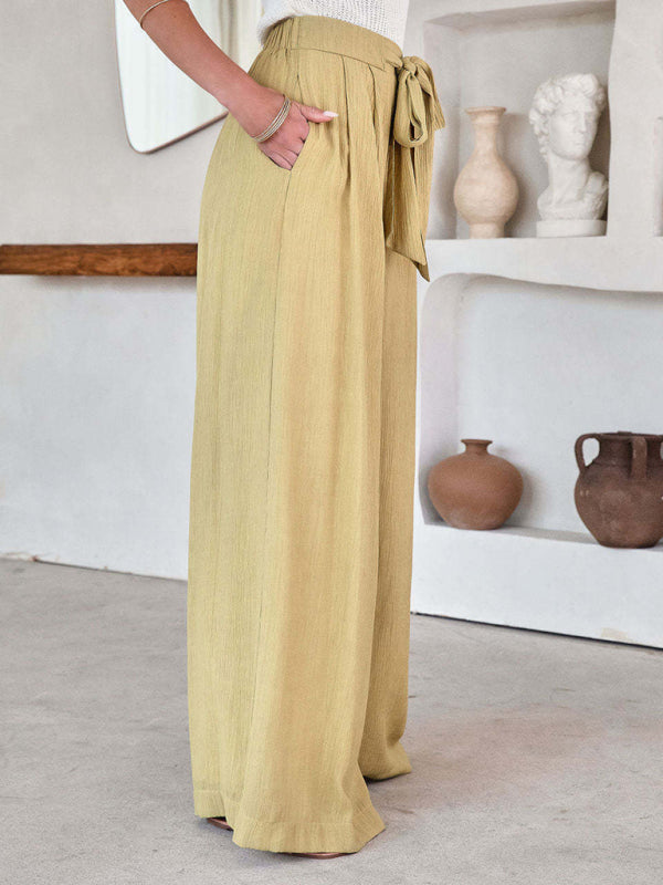 Women's Solid Color Drawstring Knot Wide Leg Trousers - Hiccupzz