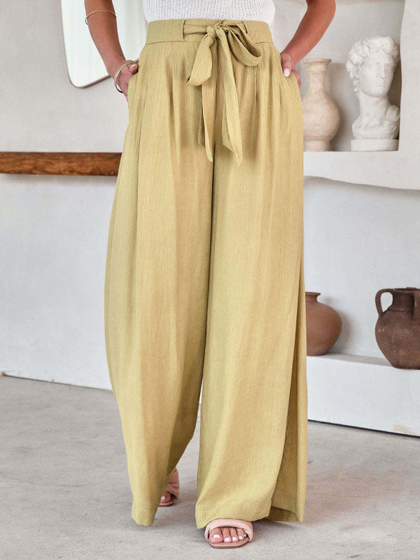 Women's Solid Color Drawstring Knot Wide Leg Trousers - Hiccupzz