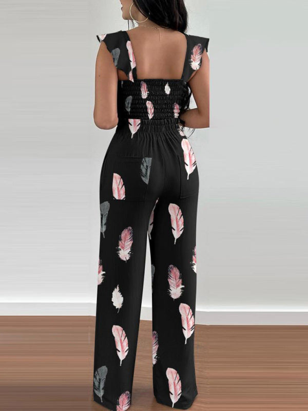 Women's casual fashion feather print commuting two-piece suit - Hiccupzz