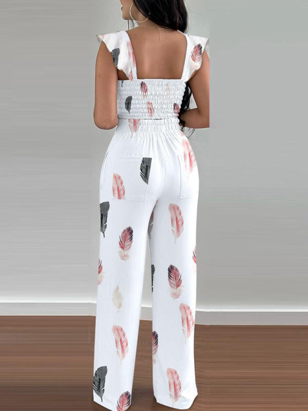 Women's casual fashion feather print commuting two-piece suit - Hiccupzz