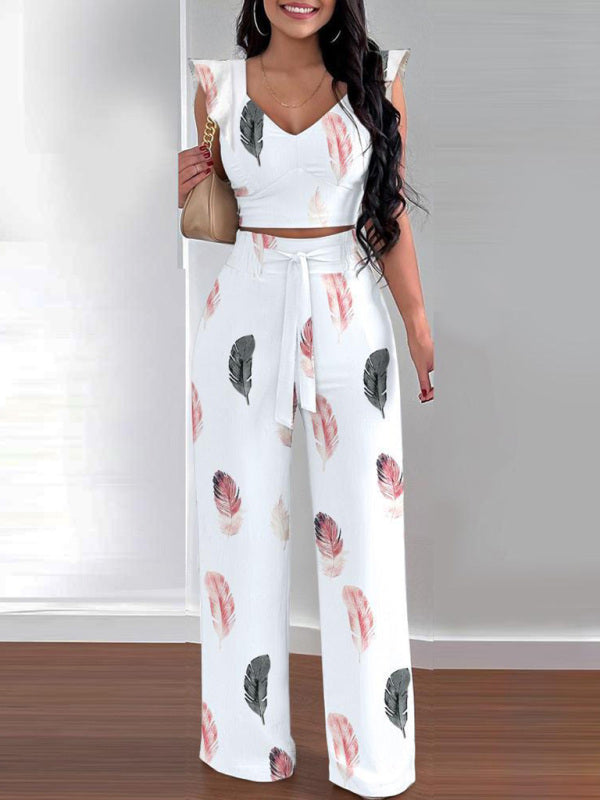 Women's casual fashion feather print commuting two-piece suit - Hiccupzz