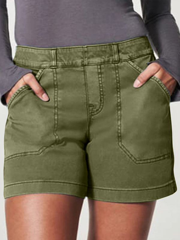 New fashion all-match women's high elastic twill large pocket solid color casual shorts - Hiccupzz