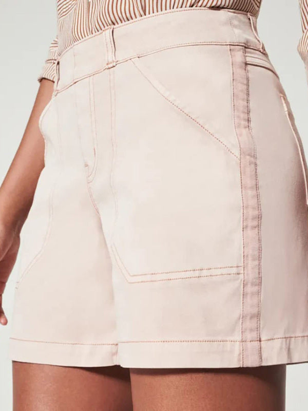 New fashion all-match women's high elastic twill large pocket solid color casual shorts - Hiccupzz