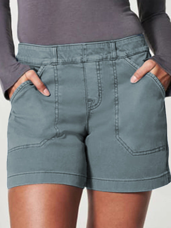 New fashion all-match women's high elastic twill large pocket solid color casual shorts - Hiccupzz