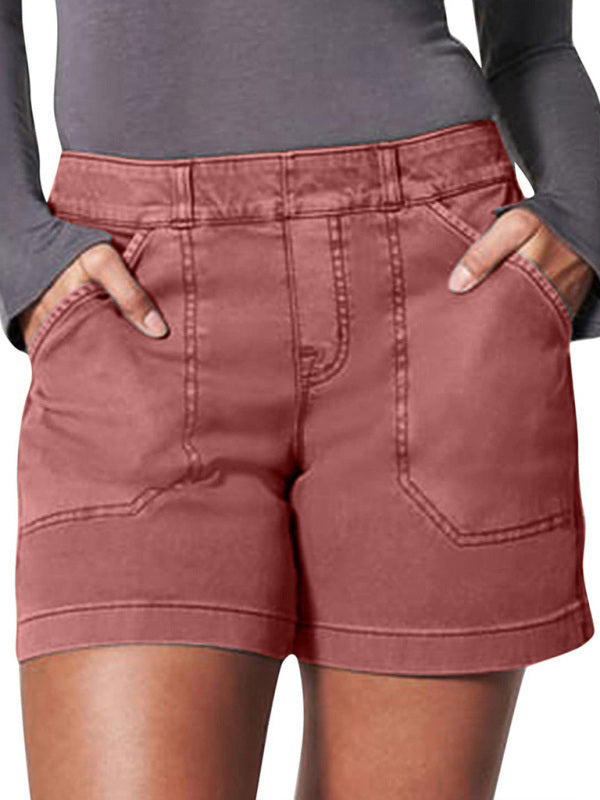 New fashion all-match women's high elastic twill large pocket solid color casual shorts - Hiccupzz
