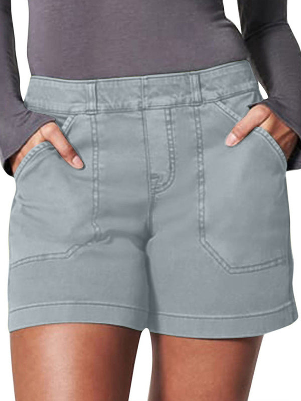 New fashion all-match women's high elastic twill large pocket solid color casual shorts - Hiccupzz