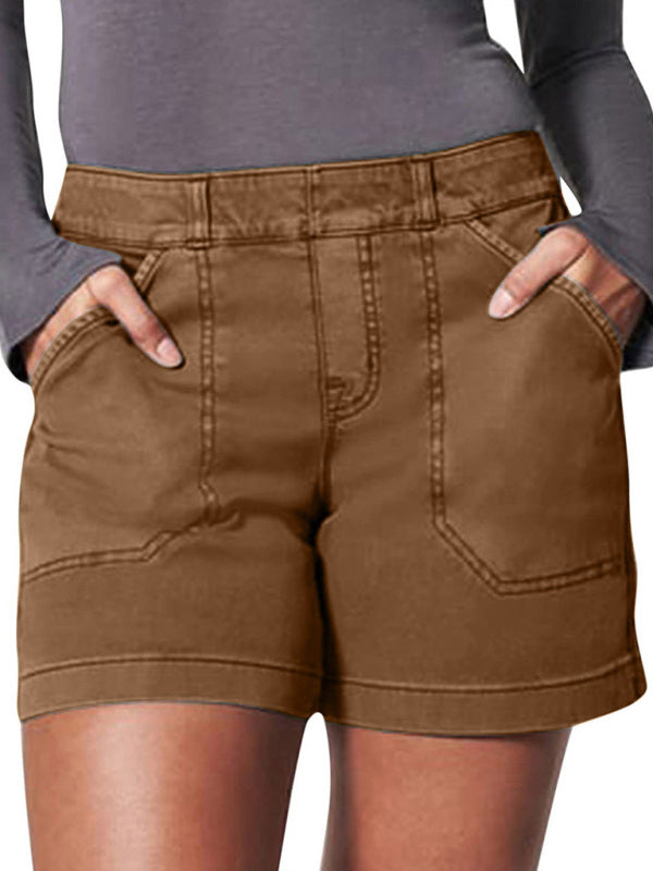 New fashion all-match women's high elastic twill large pocket solid color casual shorts - Hiccupzz