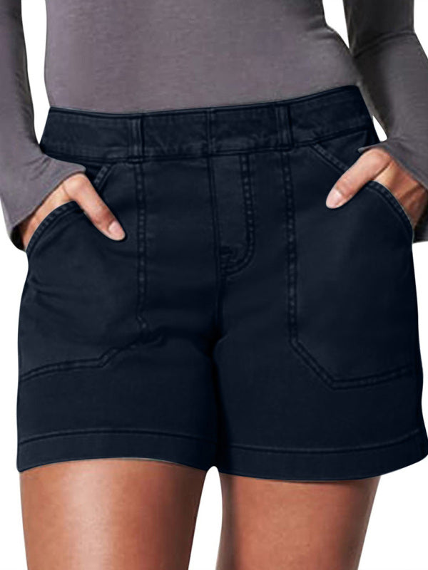 New fashion all-match women's high elastic twill large pocket solid color casual shorts - Hiccupzz
