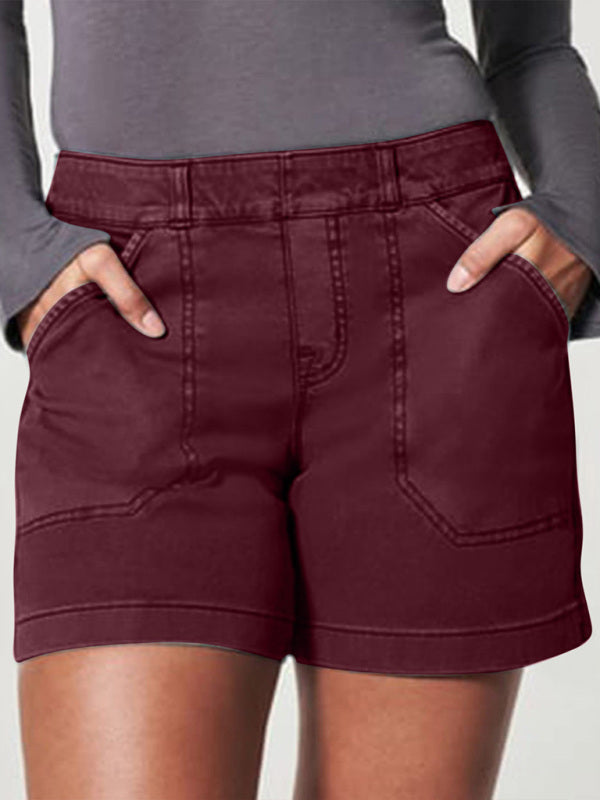 New fashion all-match women's high elastic twill large pocket solid color casual shorts - Hiccupzz