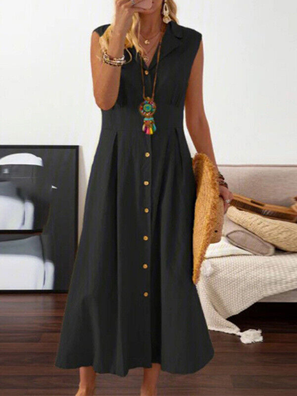 Women's casual lapel collar sleeveless cotton and linen mid-length dress - Hiccupzz