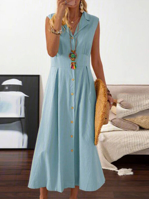 Women's casual lapel collar sleeveless cotton and linen mid-length dress - Hiccupzz