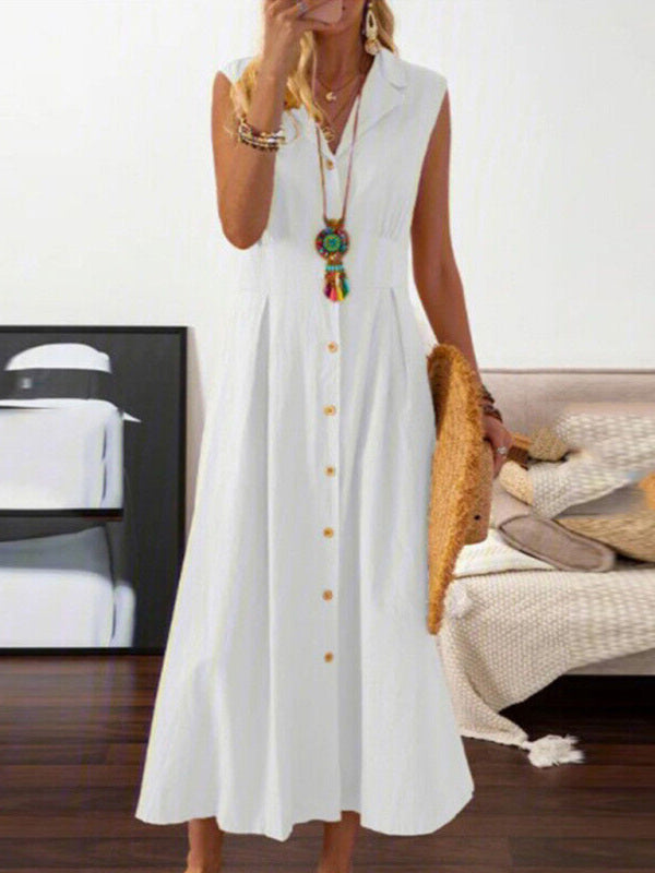 Women's casual lapel collar sleeveless cotton and linen mid-length dress - Hiccupzz