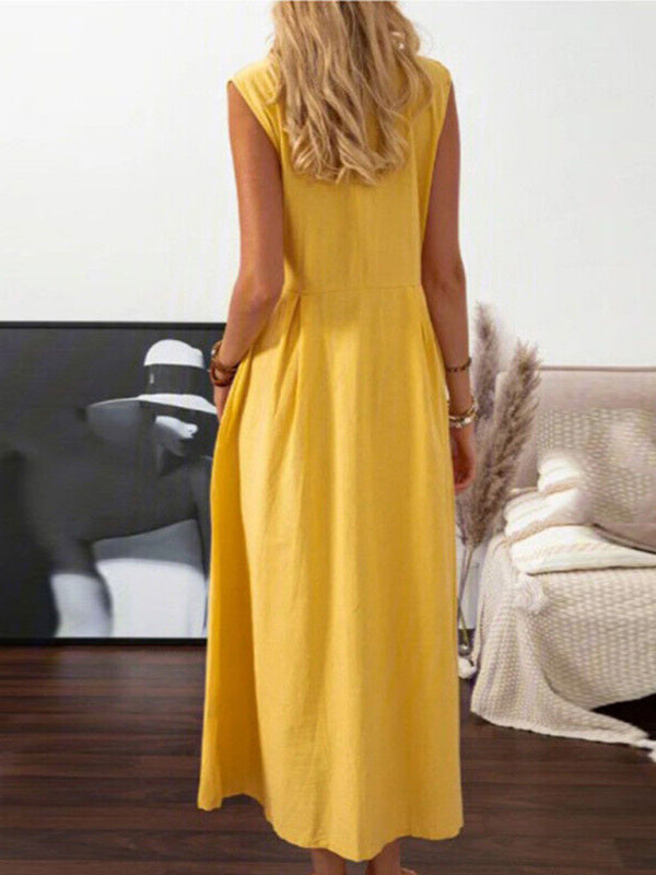 Women's casual lapel collar sleeveless cotton and linen mid-length dress - Hiccupzz