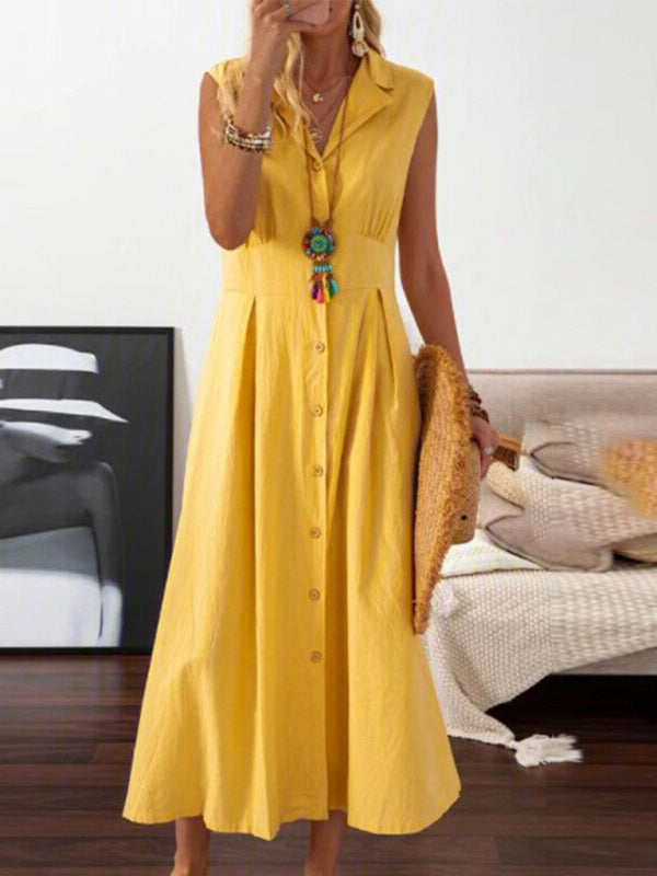 Women's casual lapel collar sleeveless cotton and linen mid-length dress - Hiccupzz