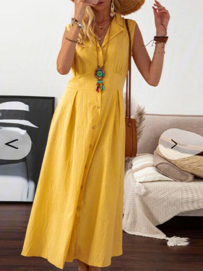 Women's casual lapel collar sleeveless cotton and linen mid-length dress - Hiccupzz