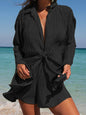 Women's Solid Color Pleated Lapel Long-sleeved Cardigan + Shorts Two-Piece Set - Hiccupzz