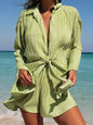 Women's Solid Color Pleated Lapel Long-sleeved Cardigan + Shorts Two-Piece Set - Hiccupzz