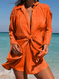 Women's Solid Color Pleated Lapel Long-sleeved Cardigan + Shorts Two-Piece Set - Hiccupzz