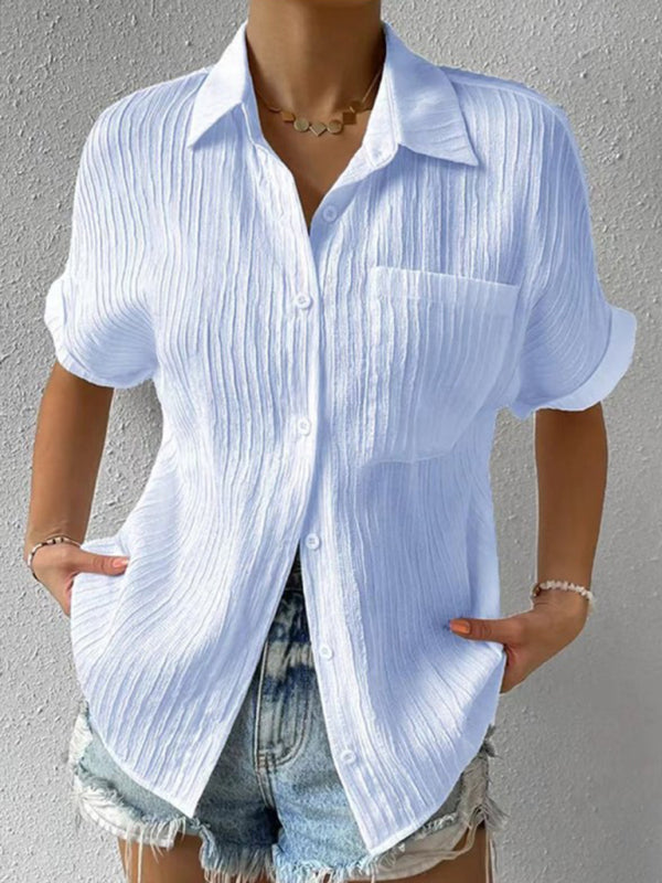 Solid Color Comfortable Casual Sweet Lapel Pocket Cardigan Short Sleeve Shirt