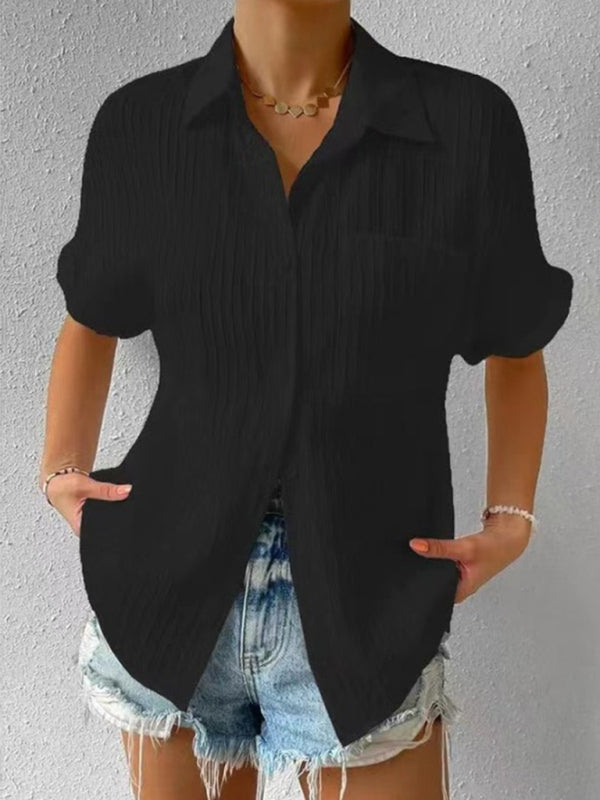 Solid Color Comfortable Casual Sweet Lapel Pocket Cardigan Short Sleeve Shirt