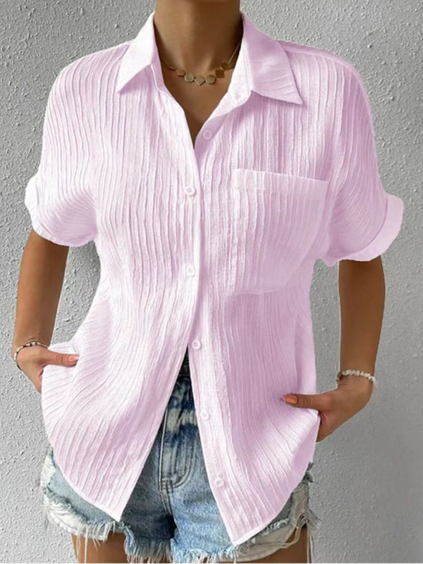 Solid Color Comfortable Casual Sweet Lapel Pocket Cardigan Short Sleeve Shirt