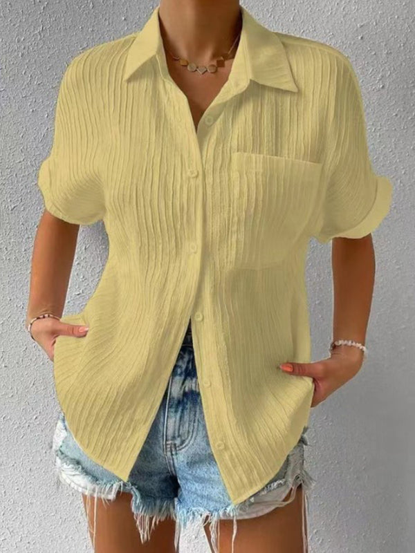 Solid Color Comfortable Casual Sweet Lapel Pocket Cardigan Short Sleeve Shirt