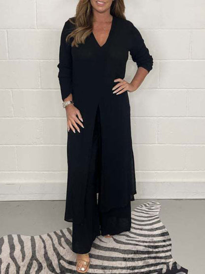 New women's clothing casual home going out slit long jacket trousers suit - Hiccupzz