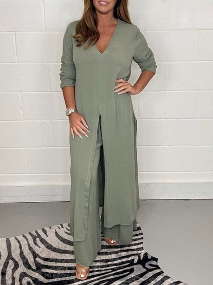 New women's clothing casual home going out slit long jacket trousers suit - Hiccupzz
