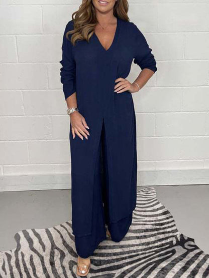 New women's clothing casual home going out slit long jacket trousers suit - Hiccupzz