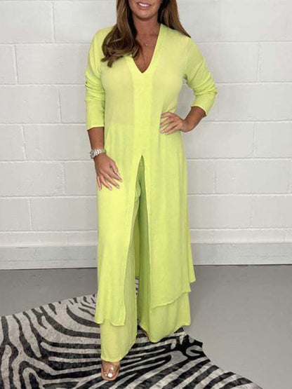 New women's clothing casual home going out slit long jacket trousers suit - Hiccupzz