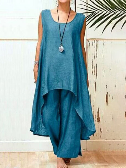 Cotton linen fashion casual irregular sleeveless wide-leg pants two-piece set - Hiccupzz